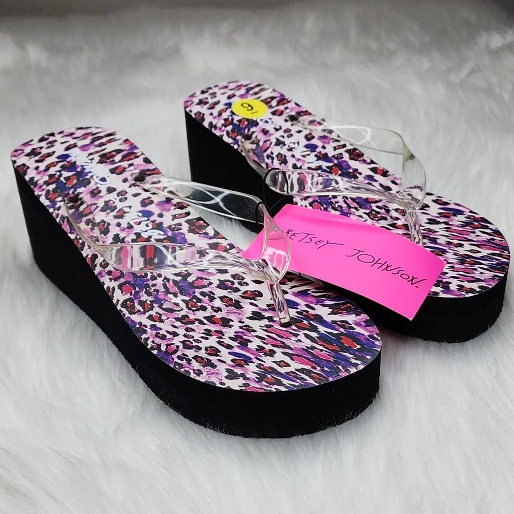 Betsey Johnson Leopard Print Wedge Platform Sandals with Clear Straps